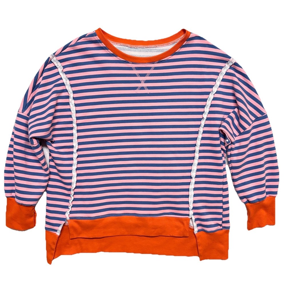 Women's Striped Sweatshirt Pink Blue Orange Oversized Exposed Seam Casual L